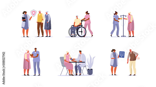 Elderly Patients Characters set. Aged People in Senior Home or Hospital Having Consultation with Doctors and Receiving Help from Nurses. Seniors Healthcare. Flat Cartoon Vector Illustration.