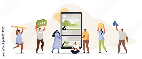 People Interacting with Social Media Mobile App. They Writing Posts, Liking Photos, Leaving Comments and Sharing with Friends. Social Media Marketing Concept. Flat Cartoon Vector Illustration. 