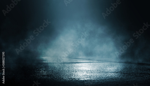 Dark abstract background. Empty dark street background at night. Spotlight reflects on the asphalt, blurry night lights. Smoke, fog. 3d illustration © Laura Сrazy