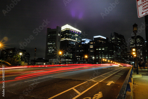 Boston  Massachusetts  USA Traffic and light trails on The Seaport Boulevard bridge.