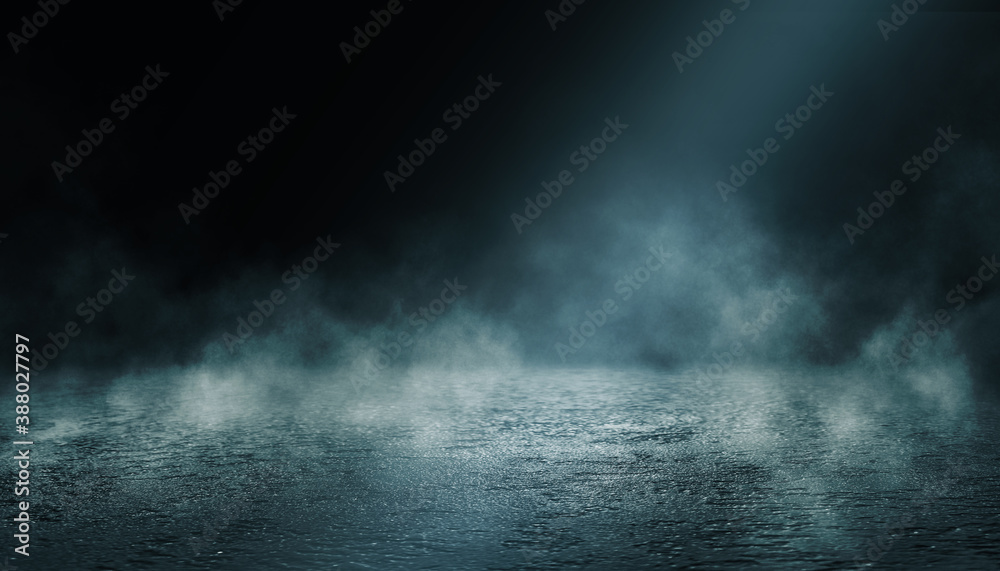 Fototapeta premium Dark abstract background. Empty dark street background at night. Spotlight reflects on the asphalt, blurry night lights. Smoke, fog. 3d illustration