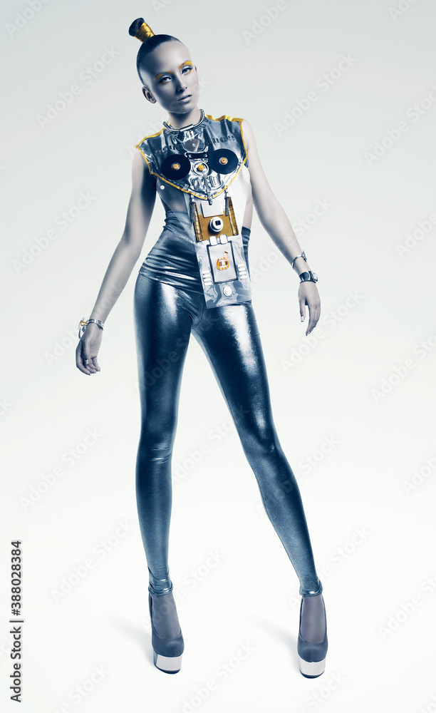 space woman standing in silver costume