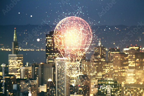 Virtual Idea concept with light bulb illustration on San Francisco skyline background. Multiexposure