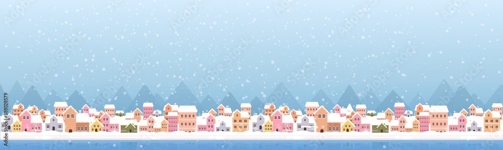 Winter town flat style with snow falling and mountain abstract background Winter town flat style with snow falling and mountain abstract background