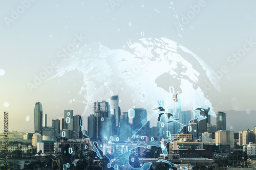 Double exposure of abstract programming language hologram and world map on Los Angeles city skyscrapers background, research and development concept