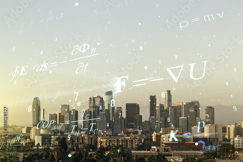Abstract scientific formula hologram on Los Angeles skyline background. Multiexposure