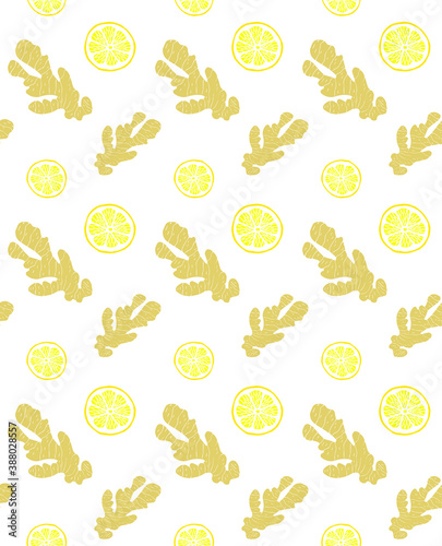 Vector seamless pattern of colored hand drawn doodle sketch ginger and lemon isolated on white background