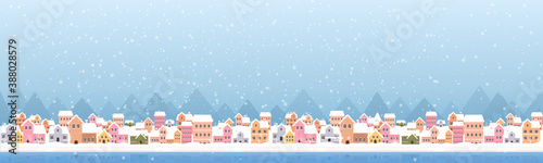 Winter town flat style with snow falling and mountain abstract background