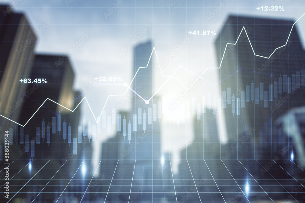 Double exposure of abstract financial diagram on office buildings background, banking and accounting concept Double exposure of abstract financial diagram on office buildings background, banking and accounting concept