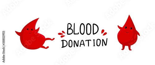 Set of vector illustration for World Blood Donor Day with cute cartoon blood drops character with blood bag