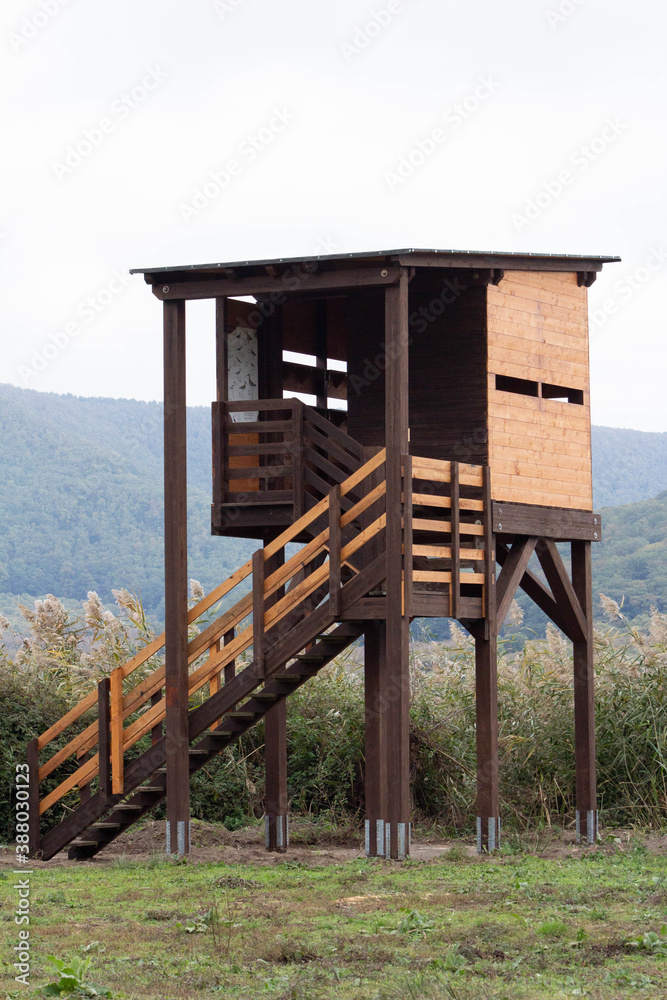 Bird Watching tower of the Lake Vico Natural Reserve.That is One of the best bird watching stations around the lake via.The tower building for Bird watcher and natural lovers.Viterbo , Italy .