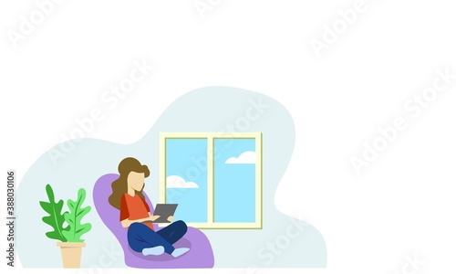 Vector illustration of Work from home concept. Woman sitting on a bean bad and using laptop.