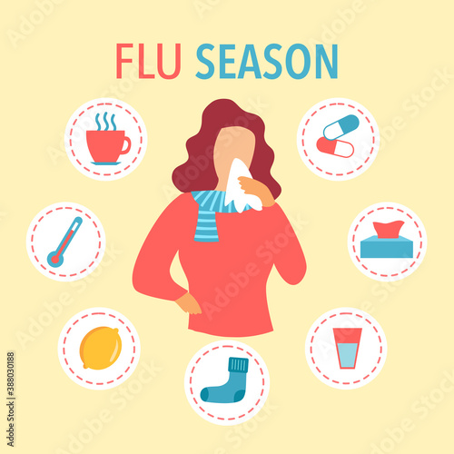Woman caught cold flu or virus. She sneezing in handkerchief and has fever. Ways to treat illness in a circle around concept vector illustration. Flu disease and season allergy.