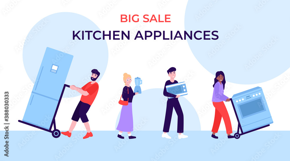 Big Sale of kitchen appliances, happy buyers at the sale of equipment. Flat vector cartoon concept illustration. Big Sale of kitchen appliances, happy buyers at the sale of equipment. Flat vector cartoon concept illustration.