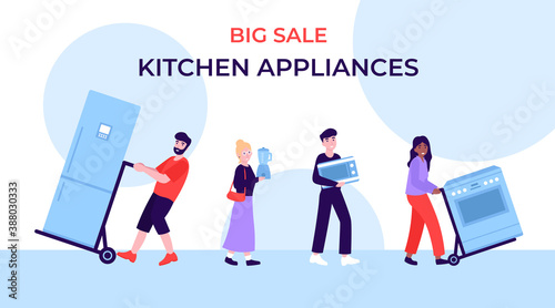 Big Sale of kitchen appliances, happy buyers at the sale of equipment. Flat vector cartoon concept illustration.