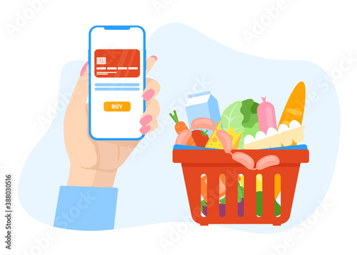 Woman hand holds mobile phone and reserve food online. Shopping cart with products. Phone with credit card. Flat vector illustration concept for banner, poster, layout, template, website.