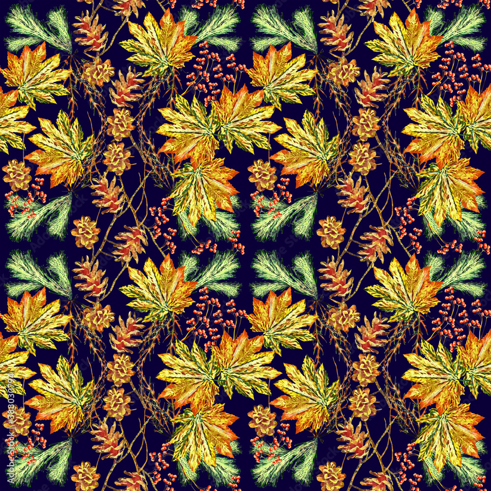 Autumn composition with maple leaves, pine cones, berries, fir and twigs, seamless pattern. Autumn composition with maple leaves, pine cones, berries, fir and twigs, seamless pattern.