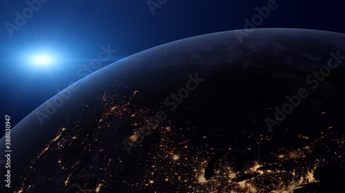 Sunrise view from space on Planet Earth at night. World rotating on its axis in black Universe in stars. 3D Rendering, animation. Elements of this image furnished by NASA, ,