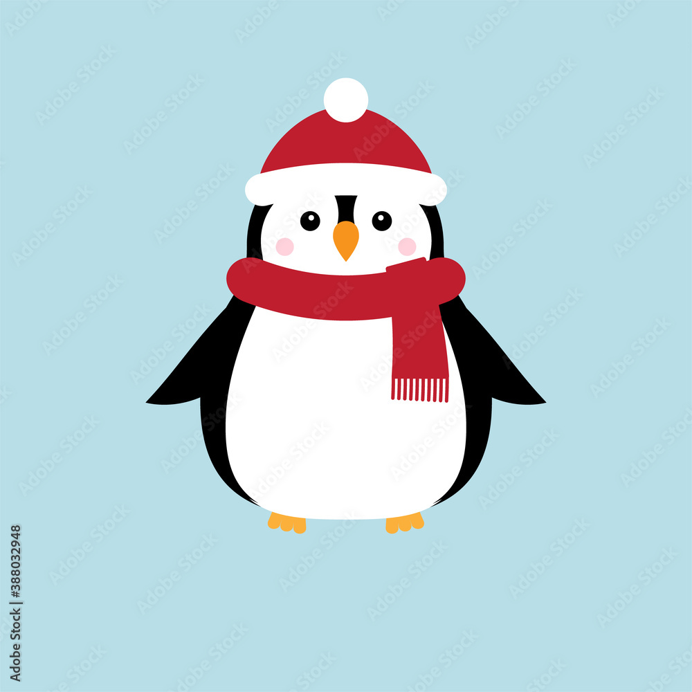 Vector flat cartoon penguin in hat and scarf isolated on blue background