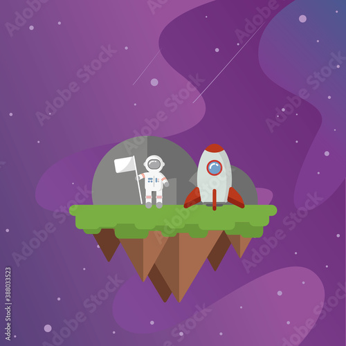 Flying island with a rocket and an astronaut. conquest of space