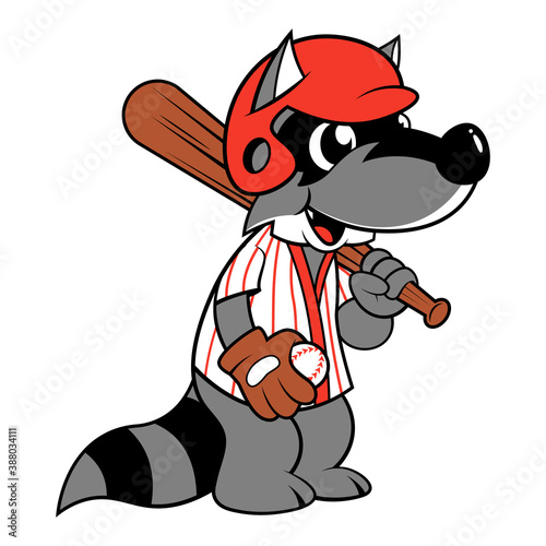 Funny Raccoon Cartoon Characters wearing baseball helmet and jersey while carrying baseball bat and gloves, Full baseball games equipment, best for baseball club mascot or t-shirt design