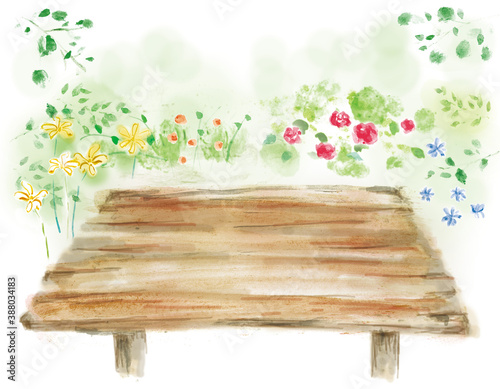 自然の緑や花の中に木目のテーブルが置いてあるイラスト　手描きの背景素材