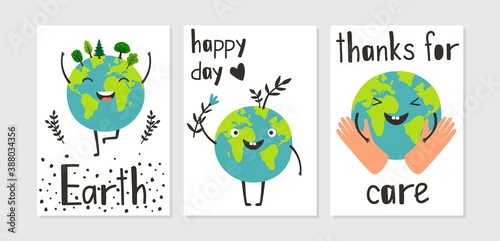 Happy planet poster. Earth care, cartoon eco cards with nature and human hand vector set