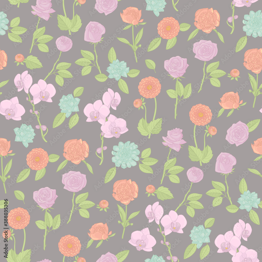 Colorful floral seamless pattern with hand drawn flowers on gray background. Stock vector illustration.