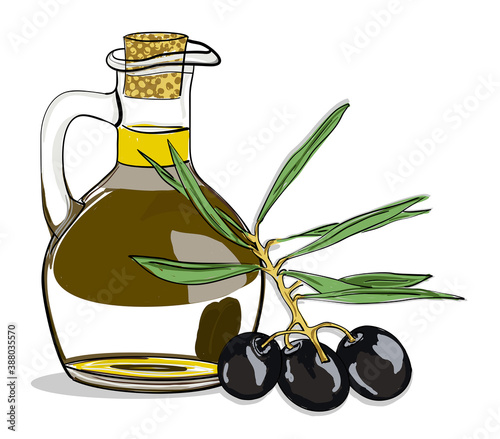 Vector image of an olive tree sprig and a bottle of olive oil. Black olives on a branch with leaves. Glass jug of olive oil with cork. Background on the theme of cooking for kitchen decoration