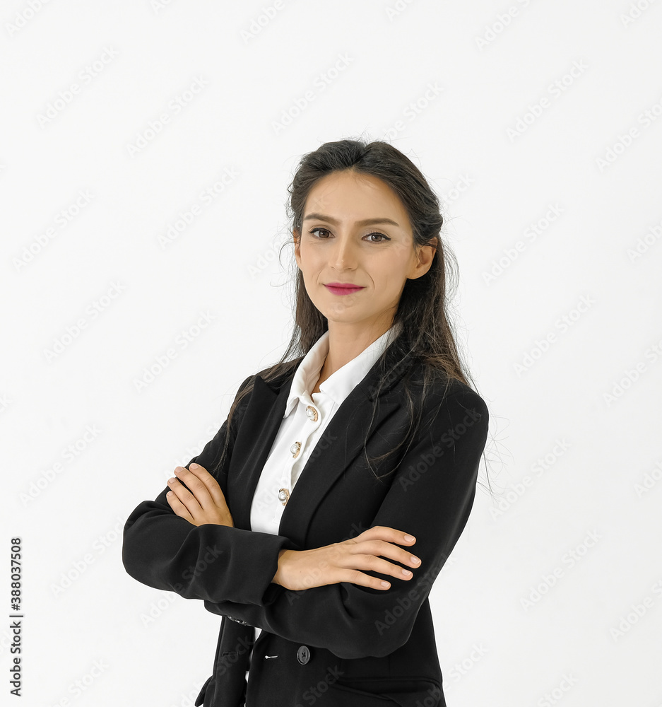Vertical image of young attractive caucasian business woman friendly smile and confident standing arm crossed on white studio background. Side view shot, half portrait. Vertical image of young attractive caucasian business woman friendly smile and confident standing arm crossed on white studio background. Side view shot, half portrait.