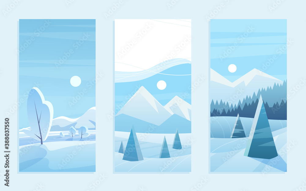 Christmas landscape greeting card vector illustration set. Cartoon cute frost woods with geometric pine trees under snow, blue flat mountains on horizon, snowy winter woodland landscape collection