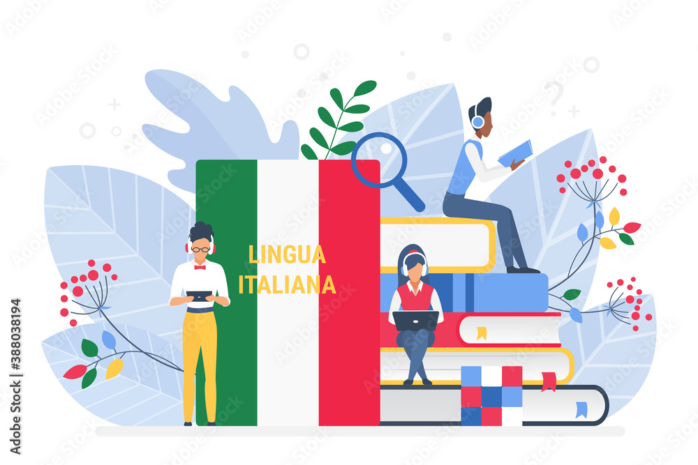 Online Italian language courses flat illustration. Distance education, remote school, Italy university. Language Internet class, e learning, Students reading books. Teaching foreign languages isolated