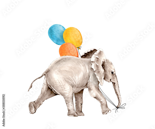 gray elephant with balloons on white background, illustration watercolor hand painted for fun and celebration