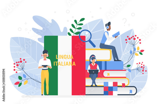 Online Italian language courses flat illustration. Distance education, remote school, Italy university. Language Internet class, e learning, Students reading books. Teaching foreign languages isolated