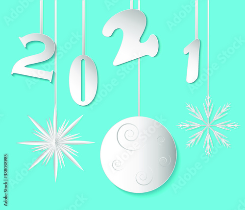 beautiful blue background with paper snowflakes and Christmas balls. Happy new year to 2021. vector graphics