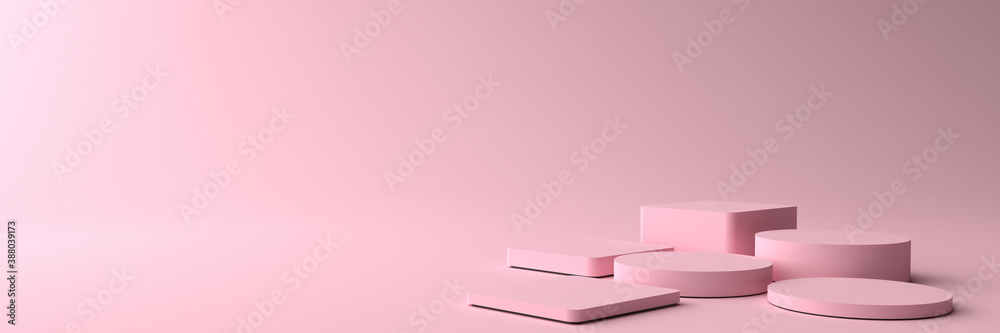 3D rendering of Round and Square pink Pedestal, Podium for display product on the pink floor. Pedestal can be used for advertising, Isolated on pink background, Product Presentation, illustration.