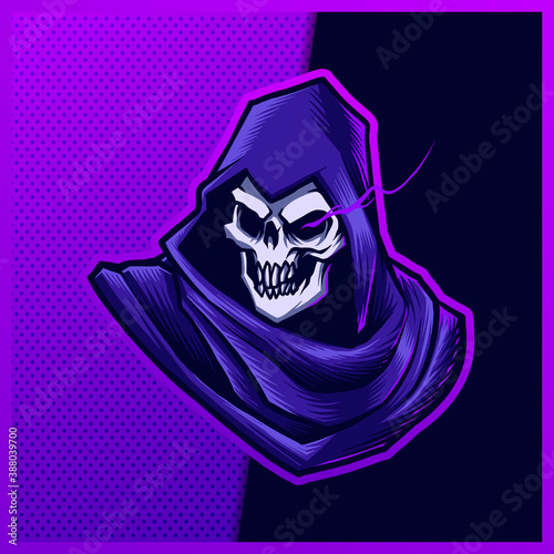Purple Grim Reaper esport and sport mascot logo design with modern illustration concept style for team, badge, emblem and patch. Gaming Logo Template on Isolated Background. Vector illustration