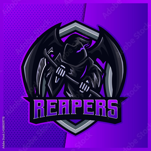 Dark Grim Reaper esport and sport mascot logo design with modern illustration concept style for team, badge, emblem and patch. Gaming Logo Template on Isolated Background. Vector illustration