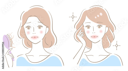 髪,まとまり,女性,ヘアケア,ビフォアアフター,広がり,うねる,くせ毛,美容,キューティクル,ヘアケア,笑顔,キラキラ,美容,ビューティー,ダメージ,髪の傷み,若い,きれい,かわいい,明るい,線画,シンプル,悩み,手描き,老化,加齢,アンチエイジング,育毛,スタイリング,ヘアサロン,髪の毛,イラスト,ヘアスタイル,白バック,上半身,人物,