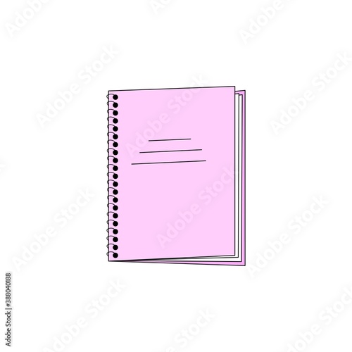 A school copybook outline color icon.Pink children's notebook on a spiral A study notebook. Concept of education, Back to school. Vector illustration with editable strokes width.