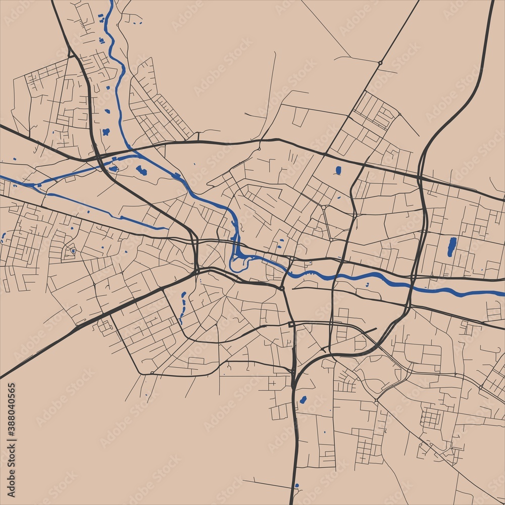 Detailed map of Bydgoszcz city, linear print map. Cityscape panorama.