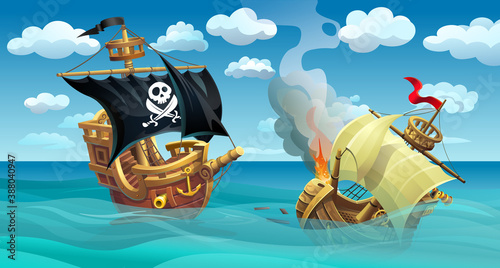 Battle of sailing ships. A pirate ship attacked a merchant sailing ship. 