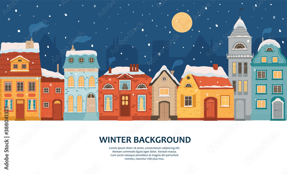 Winter night city in retro style. Christmas background with houses with space for text. Cozy town in a flat style. Cartoon vector illustration.