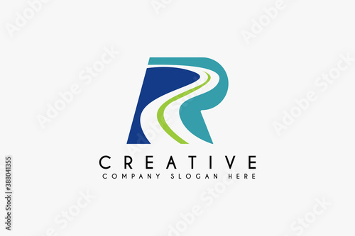 Initial Letter R with road logo design vector illustration. Letter R with road icon design. Suitable for Business and Industrial logos,isolated on white background