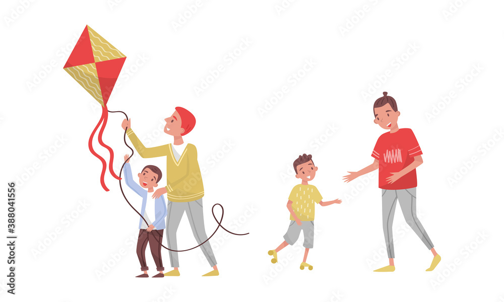 Young Father and His Son Flying Kite Vector Illustration Set
