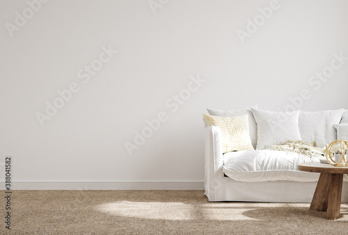 White cozy living room interior, Coastal Boho style, 3d render photo