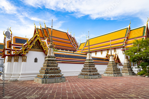 Landscape of ancient stupas and pagoda at Wat Pho temple in Bangkok  Thailand.