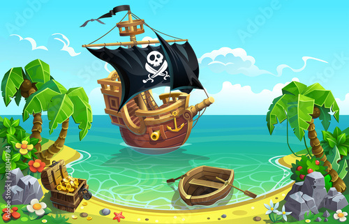 A wooden pirate ship with sails stands near a tropical island with palm trees and treasure chest in the bay. 