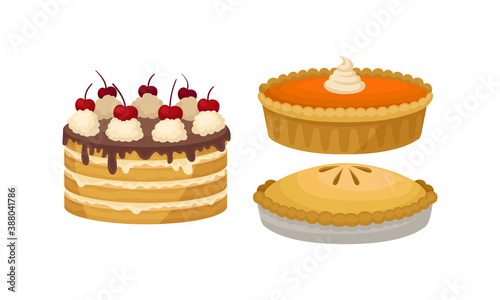 Baked Sweet Pie with Filling and Crust and Layered Cake with Whipped Cream on Top Vector Set.
