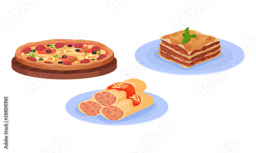 Pizza and Lasagna Pasta with as Italian Cuisine Dish Vector Set